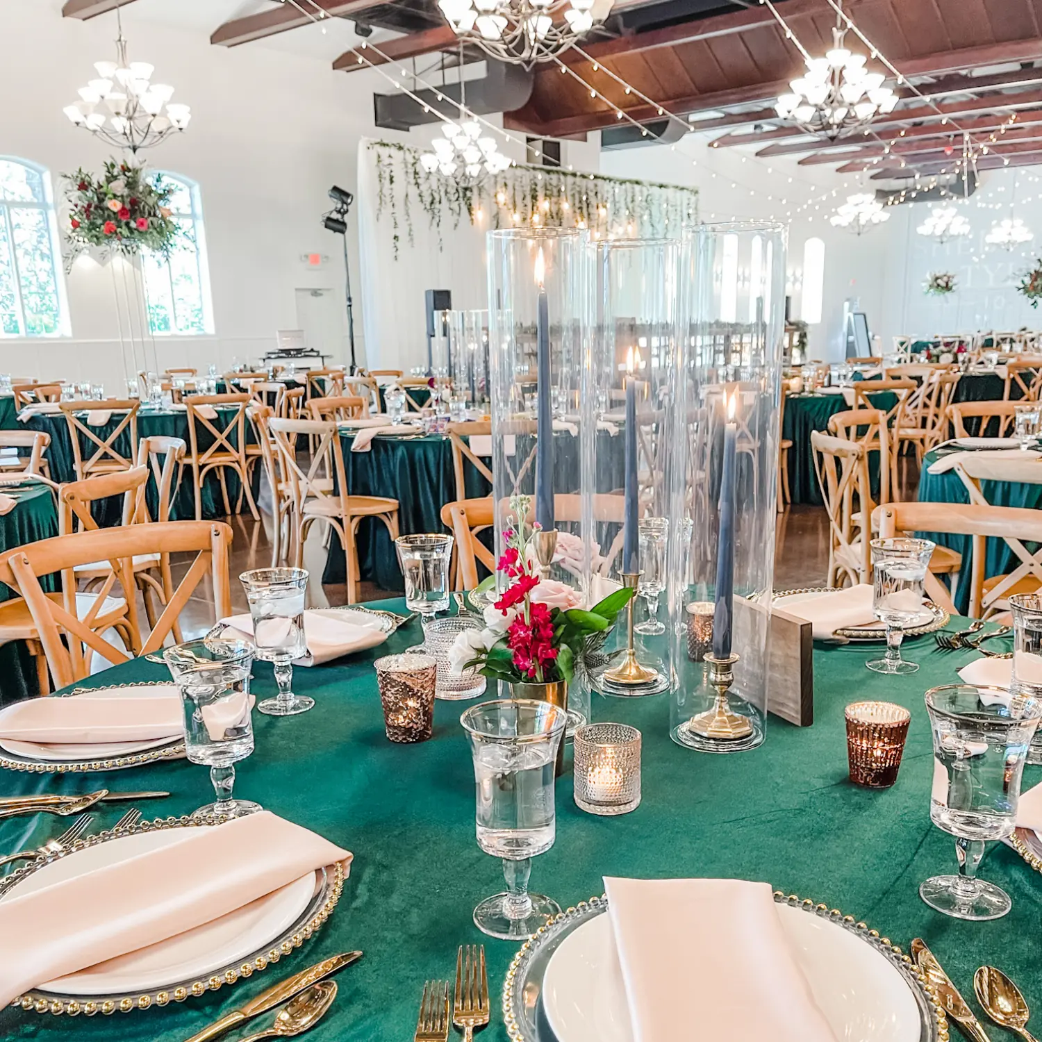 A jewel-toned reception across the hall