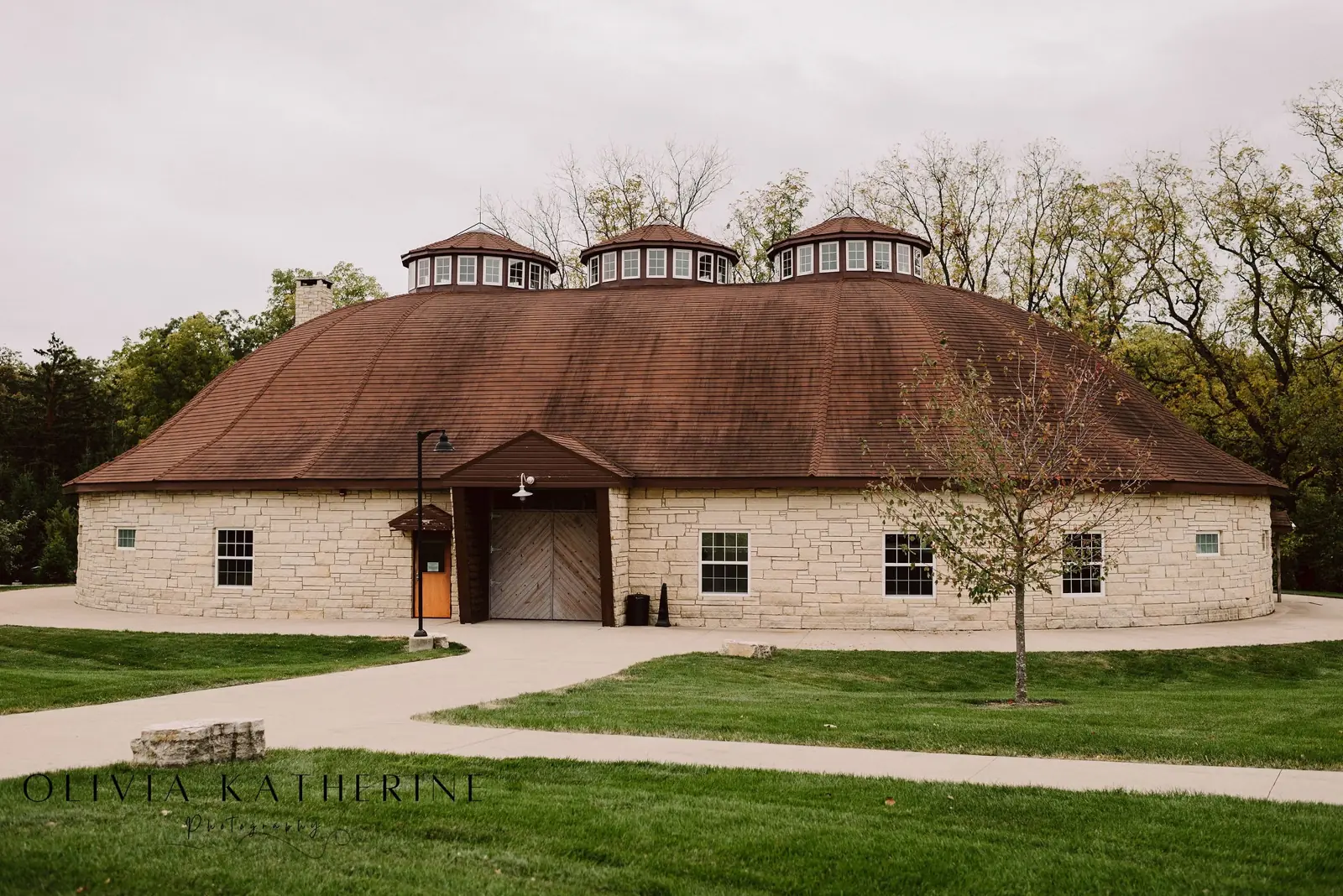 The Double Round barn from the lawn