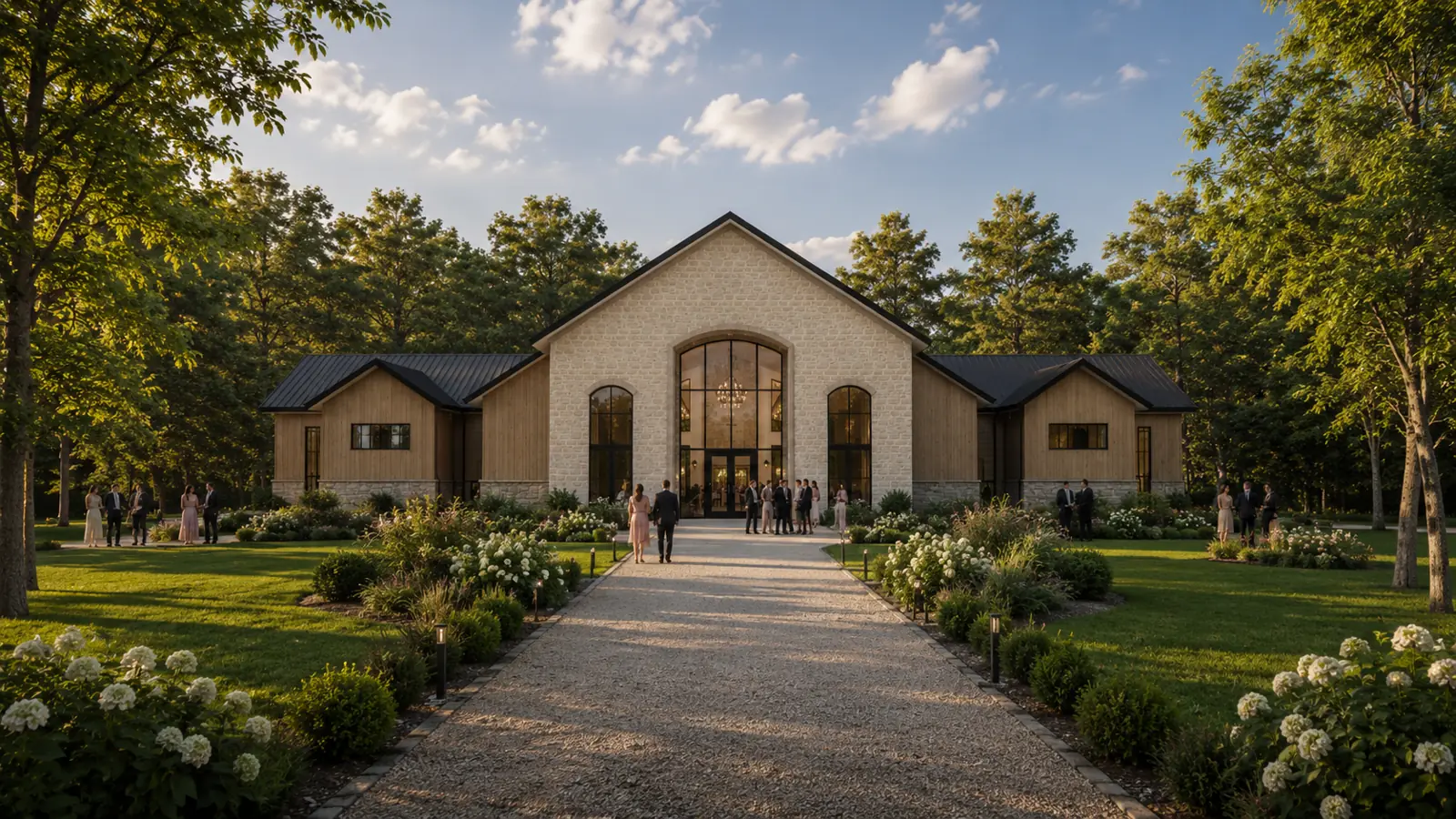 The stone-and-timber front — rendering