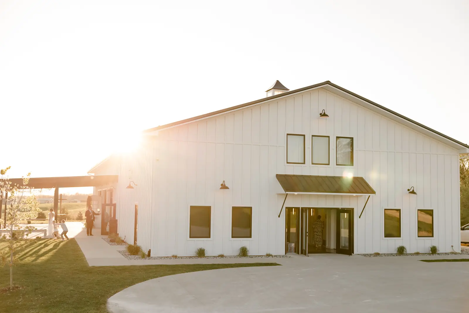 The white barn at sunset